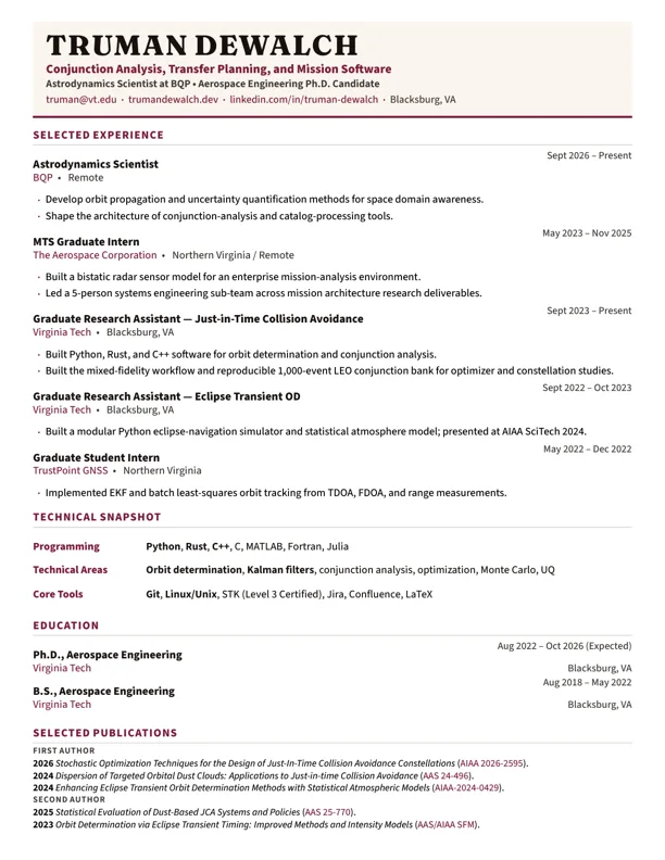 Preview of Truman DeWalch's one-page resume