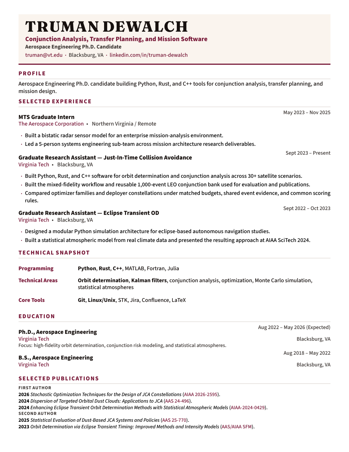 Preview of Truman DeWalch's one-page resume